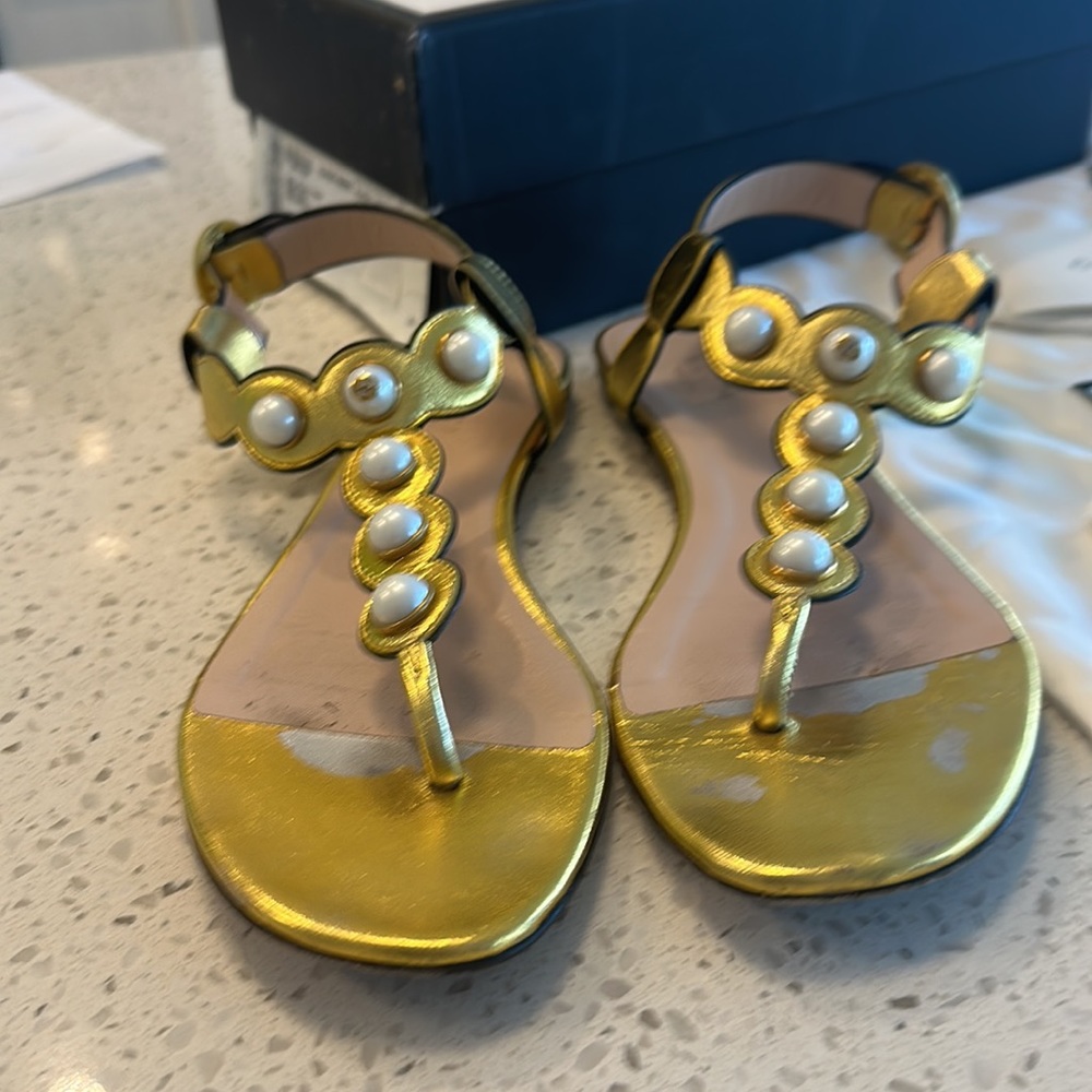 Gucci sandal faux Pearl leather/silk t strap with box and dustbags 38.5 - Picture 2 of 12